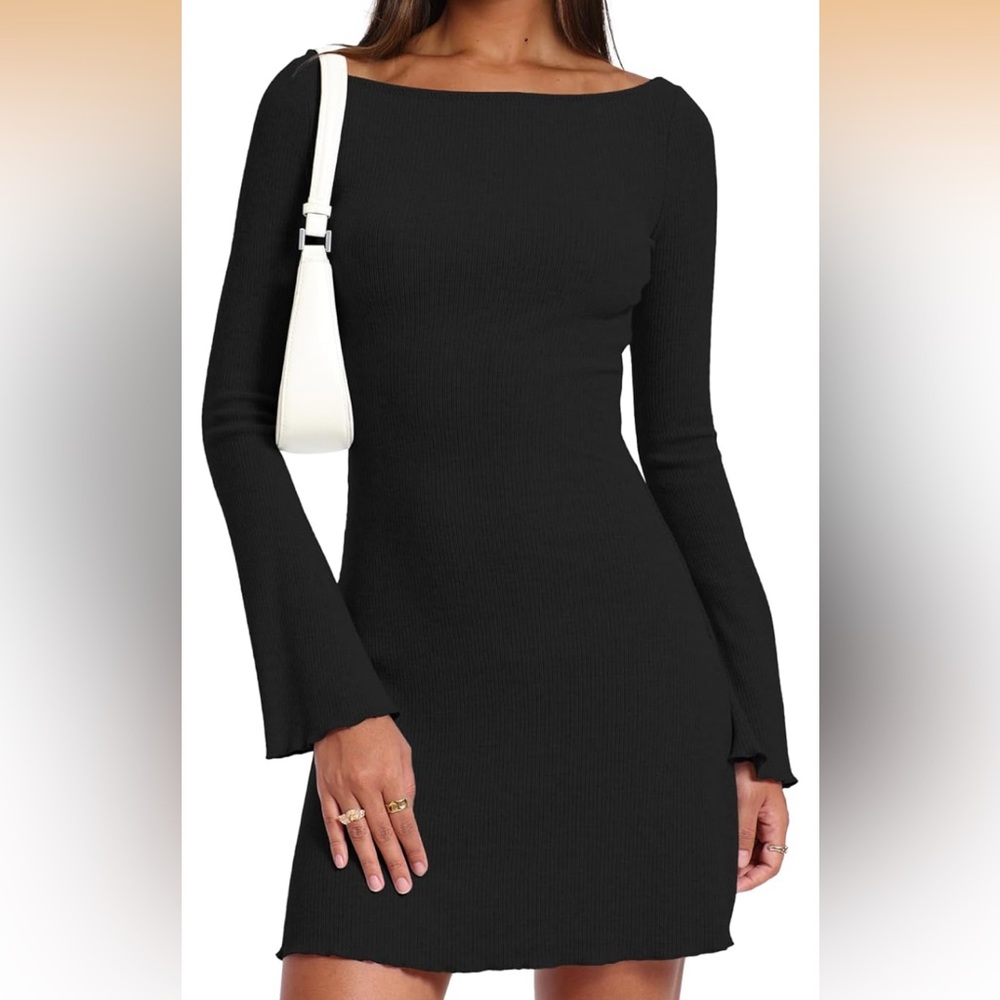 Darling Black Ribbed Boatneck Long-Sleeve Mini Dress